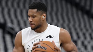 Milwaukee Bucks forward Giannis Antetokounmpo warms up before game three of the first round of the 2025 NBA Playoffs.