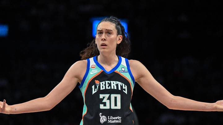 May 25, 2026; Brooklyn, New York, USA; New York Liberty forward Breanna Stewart (30) reacts to a call during the first half against the Portland Fire at Barclays Center. Mandatory Credit: John Jones-Imagn Images