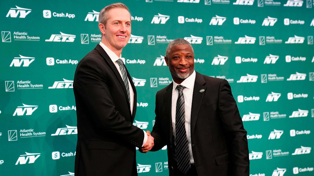 NY Jets general manager Darren Mougey and head coach Aaron Glenn