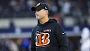 Dec 9, 2024; Arlington, Texas, USA;  Cincinnati Bengals head coach Zac Taylor looks on before the game against the Dallas Cowboys at AT&T Stadium. Mandatory Credit: Kevin Jairaj-Imagn Images