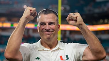 Sep 20, 2025; Miami Gardens, Florida, USA; Miami Hurricanes head coach Mario Cristobal reacts after the game against the Florida Gators at Hard Rock Stadium. Mandatory Credit: Sam Navarro-Imagn Images