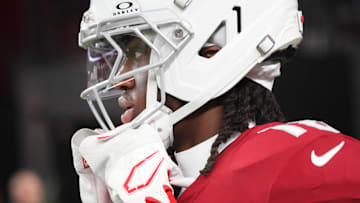 August 23, 2025; Glendale, AZ; Marvin Harrison, Jr. (18) takes the field before a game against the Las Vegas Raiders at State Farm Stadium