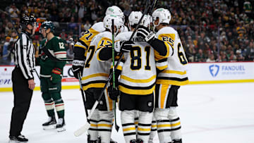 Oct 30, 2025; Saint Paul, Minnesota, USA; Pittsburgh Penguins center Ben Kindel (81) celebrates his goal against the Minnesota Wild during the third period at Grand Casino Arena. Mandatory Credit: Matt Krohn-Imagn Images