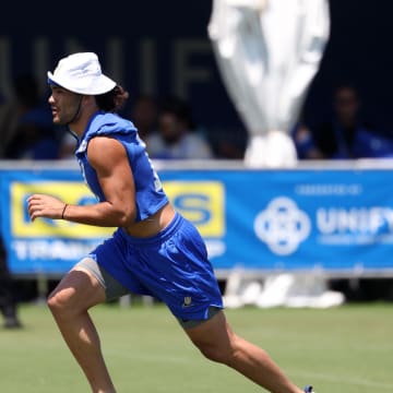 Jul 31, 2024; Los Angeles, CA, USA;  Los Angeles Rams wide receiver Puka Nacua (17) participates in drills during training camp at Loyola Marymount University. Mandatory Credit: Kiyoshi Mio-USA TODAY Sports