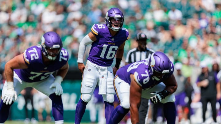 Aug 24, 2024; Philadelphia, Pennsylvania, USA; Minnesota Vikings quarterback Jaren Hall (16) calls out before the snap against the Philadelphia Eagles during the second quarter at Lincoln Financial Field. Mandatory Credit: Caean Couto-USA TODAY Sports