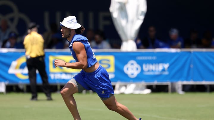 Jul 31, 2024; Los Angeles, CA, USA;  Los Angeles Rams wide receiver Puka Nacua (17) participates in drills during training camp at Loyola Marymount University. Mandatory Credit: Kiyoshi Mio-USA TODAY Sports