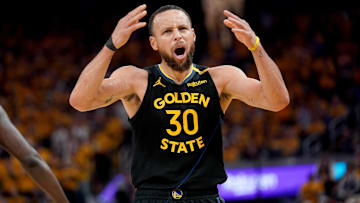 May 2, 2025; San Francisco, California, USA; Golden State Warriors guard Stephen Curry (30) reacts after being fouled against the Houston Rockets in the third quarter of game six of the first round for the 2025 NBA Playoffs at Chase Center. Mandatory Credit: Cary Edmondson-Imagn Images