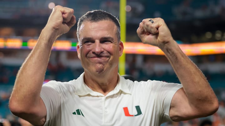 Sep 20, 2025; Miami Gardens, Florida, USA; Miami Hurricanes head coach Mario Cristobal reacts after the game against the Florida Gators at Hard Rock Stadium. Mandatory Credit: Sam Navarro-Imagn Images