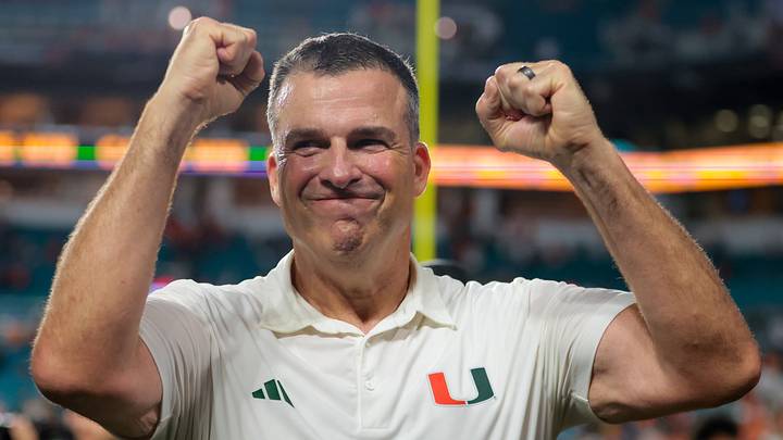 Sep 20, 2025; Miami Gardens, Florida, USA; Miami Hurricanes head coach Mario Cristobal reacts after the game against the Florida Gators at Hard Rock Stadium. Mandatory Credit: Sam Navarro-Imagn Images