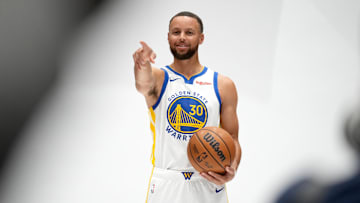 Sep 29, 2025; San Francisco, CA, USA; Golden State Warriors guard Stephen Curry (30) points during Media Day at the Chase Center. Mandatory Credit: Cary Edmondson-Imagn Images