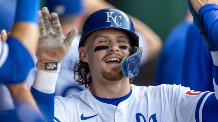 Aug 6, 2024; Kansas City, Missouri, USA;  Kansas City Royals shortstop Bobby Witt Jr. (7) celebrates after scoring during the first inning against the Boston Red Sox at Kauffman Stadium. Mandatory Credit: William Purnell-USA TODAY Sports