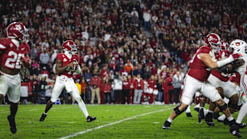 Nov 30, 2024; Tuscaloosa, Alabama, USA; Alabama Crimson Tide quarterback Jalen Milroe (4) drops back to pass against the Auburn Tigers during the third quarter at Bryant-Denny Stadium. Mandatory Credit: Will McLelland-Imagn Images