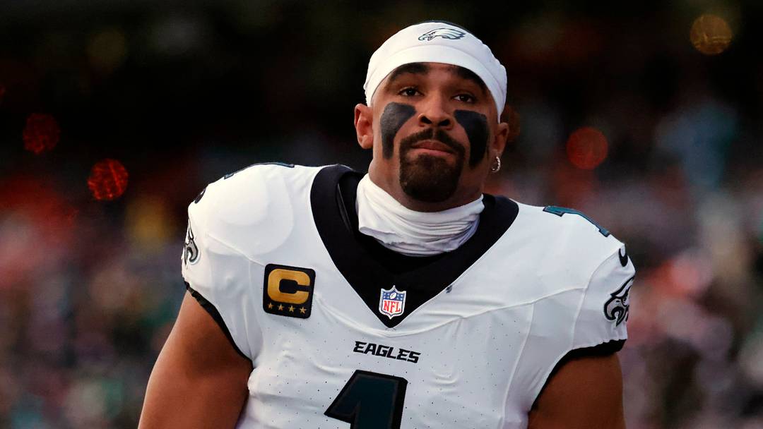 Philadelphia Eagles quarterback Jalen Hurts (1) looks on before the game against the Washington Commanders at Northwest Stadium. Mandatory Credit: Amber Searls-Imagn Images