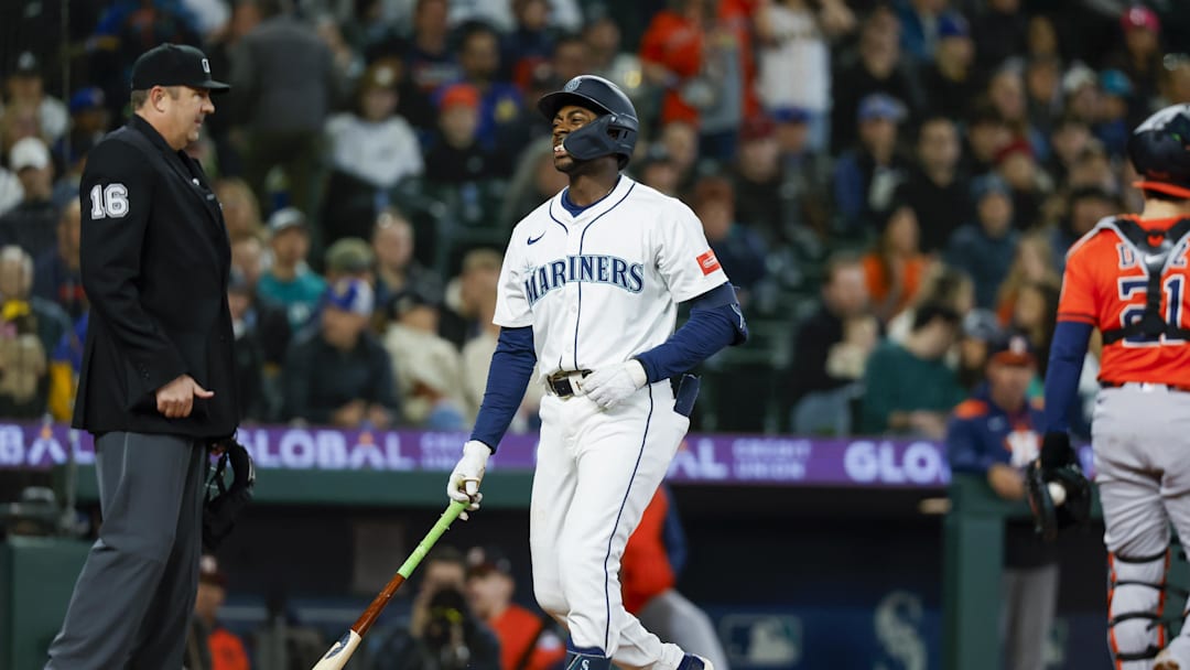 Apr 8, 2025; Seattle, Washington, USA; Seattle Mariners second baseman Ryan Bliss (1) reacts after striking out to end the second inning against the Houston Astros at T-Mobile Park. Mandatory Credit: Joe Nicholson-Imagn Images