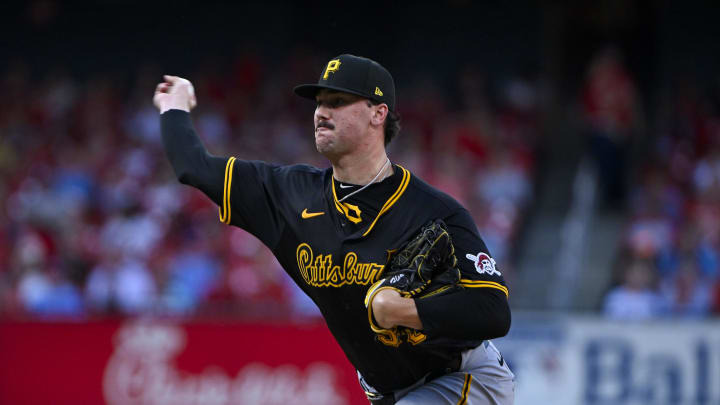 Jun 11, 2024; St. Louis, Missouri, USA;  Pittsburgh Pirates starting pitcher Paul Skenes (30) pitches against the St. Louis Cardinals during the second inning at Busch Stadium.