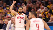 Apr 28, 2025; San Francisco, California, USA; Houston Rockets guard Fred VanVleet (5) gestures after scoring a basket against the Golden State Warriors during the fourth quarter of game four of the 2025 NBA Playoffs first round at Chase Center. Mandatory Credit: Kelley L Cox-Imagn Images
