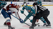 Nov 1, 2025; San Jose, California, USA; Colorado Avalanche center Brock Nelson (11) takes a faceoff against San Jose Sharks center Macklin Celebrini (71) during the first period at SAP Center at San Jose. Mandatory Credit: Dennis Lee-Imagn Images