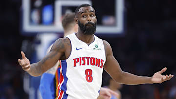 Apr 2, 2025; Oklahoma City, Oklahoma, USA; Detroit Pistons forward Tim Hardaway Jr. (8) reacts after a play against the Oklahoma City Thunder during the second half at Paycom Center. Mandatory Credit: Alonzo Adams-Imagn Images
