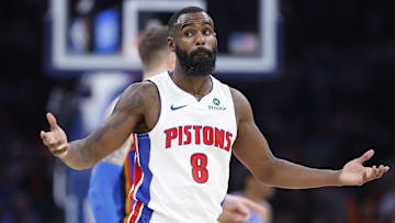 Apr 2, 2025; Oklahoma City, Oklahoma, USA; Detroit Pistons forward Tim Hardaway Jr. (8) : Alonzo Adams-Imagn Images