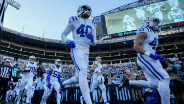 Indianapolis Colts cornerback Jaylon Jones (40) and Indianapolis Colts safety Trevor Denbow (43) take the field with their teammates Sunday, Nov. 5, 2023, before a game against the Carolina Panthers at Bank of America Stadium in Charlotte.