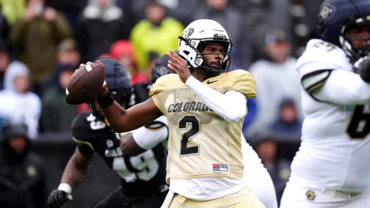 Apr 27, 2024; Boulder, CO, USA; Colorado Buffaloes quarterback Shedeur Sanders (2) prepares to pass during a spring game event at Folsom Field.