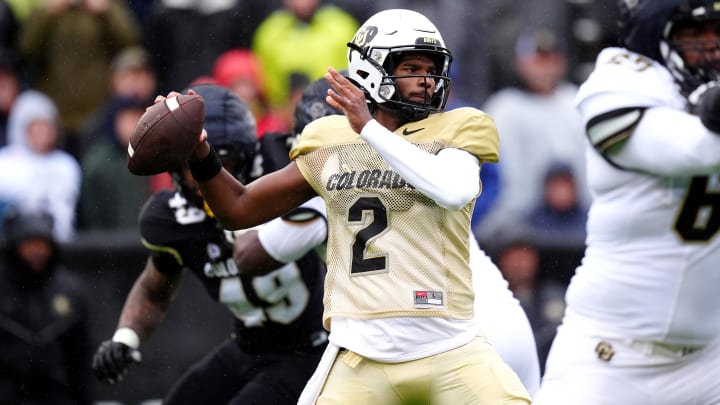 Apr 27, 2024; Boulder, CO, USA; Colorado Buffaloes quarterback Shedeur Sanders (2) prepares to pass during a spring game event at Folsom Field. Mandatory Credit: Ron Chenoy-USA TODAY Sports