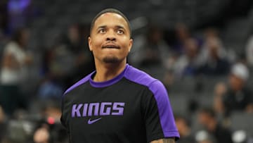 Apr 11, 2025; Sacramento, California, USA; Sacramento Kings guard Markelle Fultz (20) before the game against the Los Angeles Clippers at Golden 1 Center. Mandatory Credit: Darren Yamashita-Imagn Images