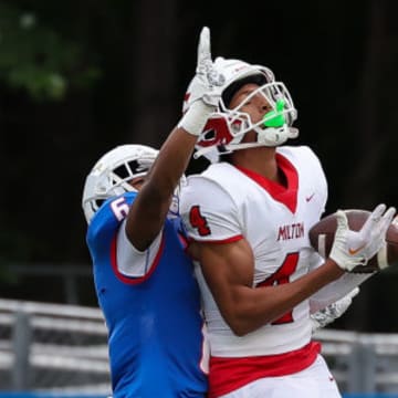 Milton wide receiver CJ Wiley had four receptions for 136 yards and two touchdowns in a win over Blessed Trinity last week.