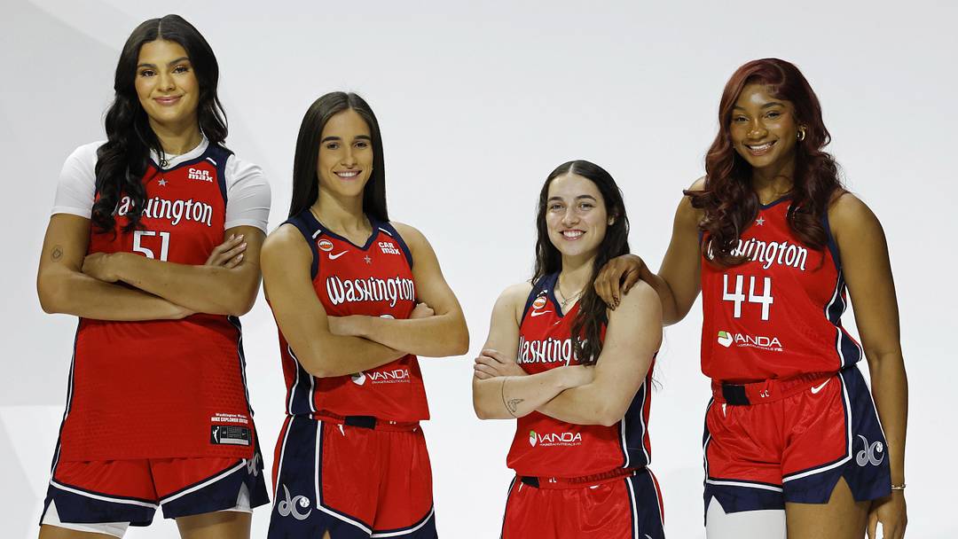 Apr 20, 2026; Washington, DC, USA; (L-R) Washington Mystics center Lauren Betts (51), Mystics guard Sonia Citron (22), Mystics guard Georgia Amoore (8), and Mystics forward Kiki Iriafen (44) pose for a portrait during Mystics Media Day at CareFirst Arena. Mandatory Credit: Geoff Burke-Imagn Images