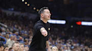 Apr 6, 2025; Oklahoma City, Oklahoma, USA; Los Angeles Lakers head coach JJ Redick gestures to his team during a play against the Oklahoma City Thunder during the second quarter at Paycom Center. Mandatory Credit: Alonzo Adams-Imagn Images