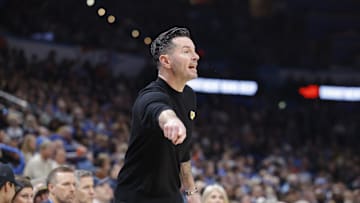 Apr 6, 2025; Oklahoma City, Oklahoma, USA; Los Angeles Lakers head coach JJ Redick gestures to his team during a play against the Oklahoma City Thunder during the second quarter at Paycom Center. Mandatory Credit: Alonzo Adams-Imagn Images