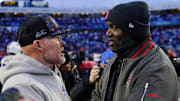 Nov 16, 2025; Orchard Park, New York, USA;  Buffalo Bills head coach Sean McDermott and Tampa Bay Buccaneers head coach Todd Bowles Mandatory Credit: Gregory Fisher-Imagn Images