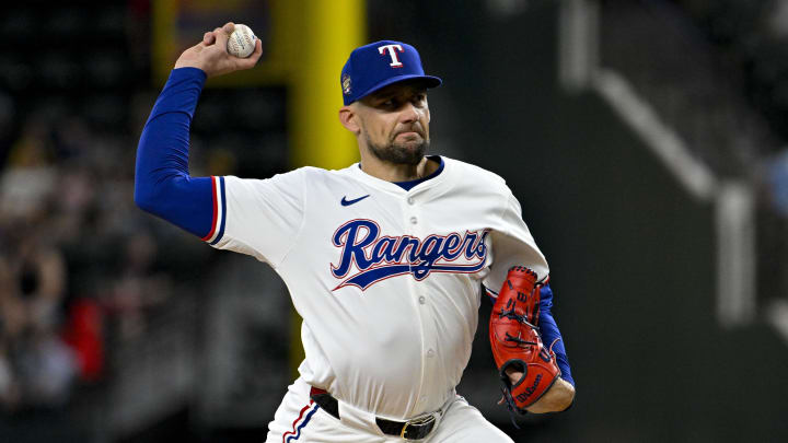 May 2, 2024; Arlington, Texas, USA; Texas Rangers starting pitcher Nathan Eovaldi (17) pitches against the Washington Nationals during the first inning at Globe Life Field. 