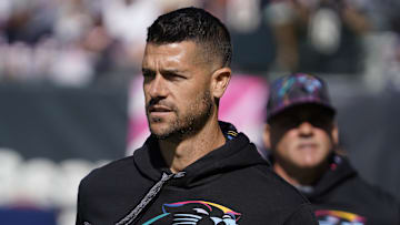 Oct 6, 2024; Chicago, Illinois, USA; Carolina Panthers head coach Dave Canales takes the field against the Chicago Bears at Soldier Field.