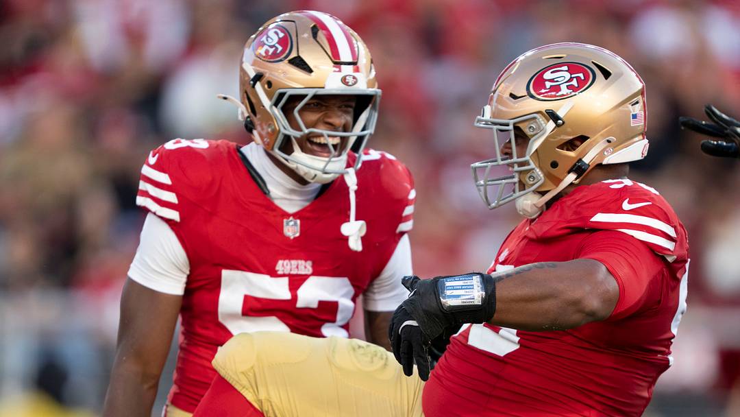 August 13, 2026; Santa Clara, California, USA; San Francisco 49ers defensive tackle Gracen Halton (93) celebrates with linebacker Jaden Dugger (53) after a defensive stop during the second quarter against the Tennessee Titans at Levi's Stadium. Mandatory Credit: Kyle Terada-Imagn Images August 13, 2026; Santa Clara, California, USA; San Francisco 49ers defensive tackle Gracen Halton (93) celebrates with linebacker Jaden Dugger (53) after a defensive stop during the second quarter against the Tennessee Titans at Levi's Stadium. Mandatory Credit: Kyle Terada-Imagn Images