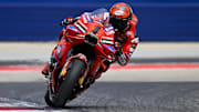 Apr 13, 2024; Austin, TX, USA; Francesco Bagnaia (1) of Italy and Ducati Lenovo Team rides during the qualifying session for the MotoGP Grand Prix of the Americas at Circuit of The Americas. Mandatory Credit: Jerome Miron-Imagn Images