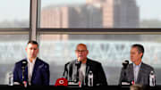 New manager Terry Francona (center) takes questions with President of Baseball Operations Nick Krall (left) and General Manager Brad Meador during an event to introduce the new manager of the Cincinnati Reds at Great American Ball Park in downtown Cincinnati on Monday, Oct. 7, 2024.