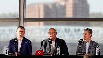 New manager Terry Francona (center) takes questions with President of Baseball Operations Nick Krall (left) and General Manager Brad Meador during an event to introduce the new manager of the Cincinnati Reds at Great American Ball Park in downtown Cincinnati on Monday, Oct. 7, 2024.