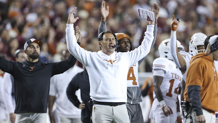 Nov 30, 2024; College Station, Texas, USA; Texas Longhorns head coach Steve Sarkisian reacts after watching a video replay during the second quarter against the Texas A&M Aggies at Kyle Field. Mandatory Credit: Troy Taormina-Imagn Images