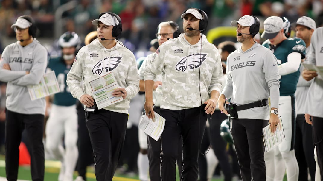Nov 10, 2024; Arlington, Texas, USA; Philadelphia Eagles offensive coordinator Kellen Moore and head coach Nick Sirianni watch a play in the game against the Dallas Cowboys at AT&T Stadium. Mandatory Credit: Tim Heitman-Imagn Images