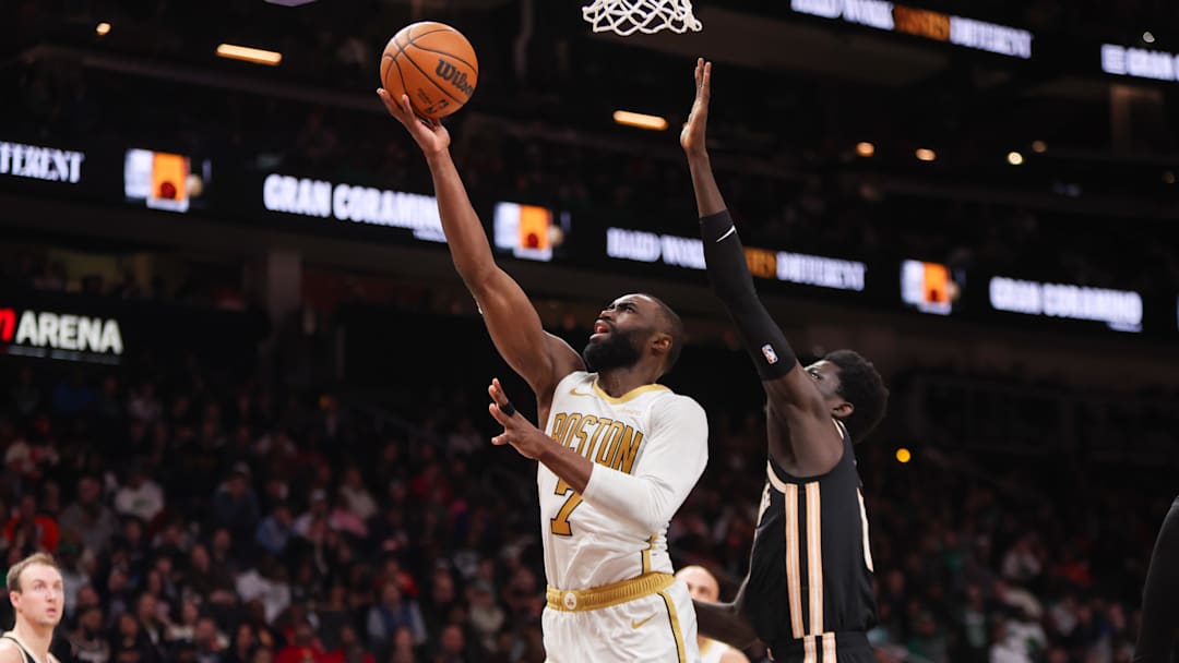 Jan 17, 2026; Atlanta, Georgia, USA; Boston Celtics guard Jaylen Brown (7) shoots against the Atlanta Hawks in the third quarter at State Farm Arena. Mandatory Credit: Brett Davis-Imagn Images