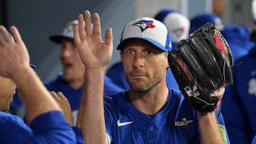 Oct 27, 2025; Los Angeles, California, USA; Toronto Blue Jays pitcher Max Scherzer (31) reacts in the dugout after being relieved in the fifth inning against the Los Angeles Dodgers during game three of the 2025 MLB World Series at Dodger Stadium. Mandatory Credit: Jayne Kamin-Oncea-Imagn Images