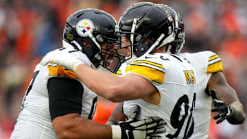 Pittsburgh Steelers defensive tackle Cameron Heyward (97) and Pittsburgh Steelers linebacker T.J. Watt (90) celebrate a sack in the fourth quarter of a Week 12 NFL football game between the Pittsburgh Steelers and the Cincinnati Bengals, Sunday, Nov. 26, 2023, at Paycor Stadium.