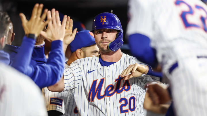 May 30, 2024; New York City, New York, USA; New York Mets pinch hitter Pete Alonso (20) celebrates with teammates in the dugout after scoring the tying run in the seventh inning against the Arizona Diamondbacks at Citi Field. Mandatory Credit: Wendell Cruz-USA TODAY Sports