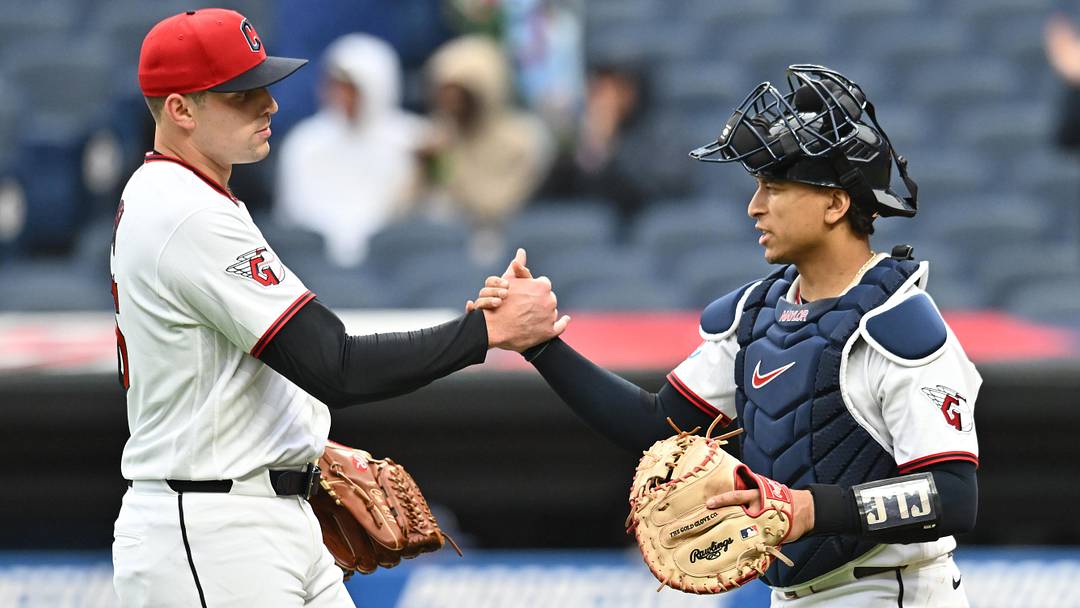 Apr 29, 2026: Cleveland Guardians relief pitcher Cade Smith (36) celebrates with catcher Bo Naylor (23) after the Guardians beat the Tampa Bay Rays  at Progressive Field. 