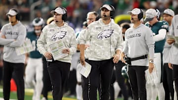 Nov 10, 2024; Arlington, Texas, USA; Philadelphia Eagles offensive coordinator Kellen Moore and head coach Nick Sirianni watch a play in the game against the Dallas Cowboys at AT&T Stadium.