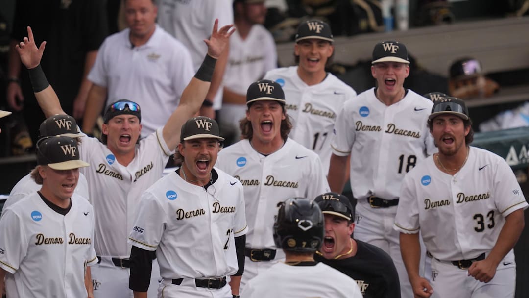 Wake Forest players celebrate Wake Forest's Marek Houston's (7) home run during the NCAA college baseball Knoxville Regional against Tennessee on June 1, 2025, in Knoxville, Tenn.