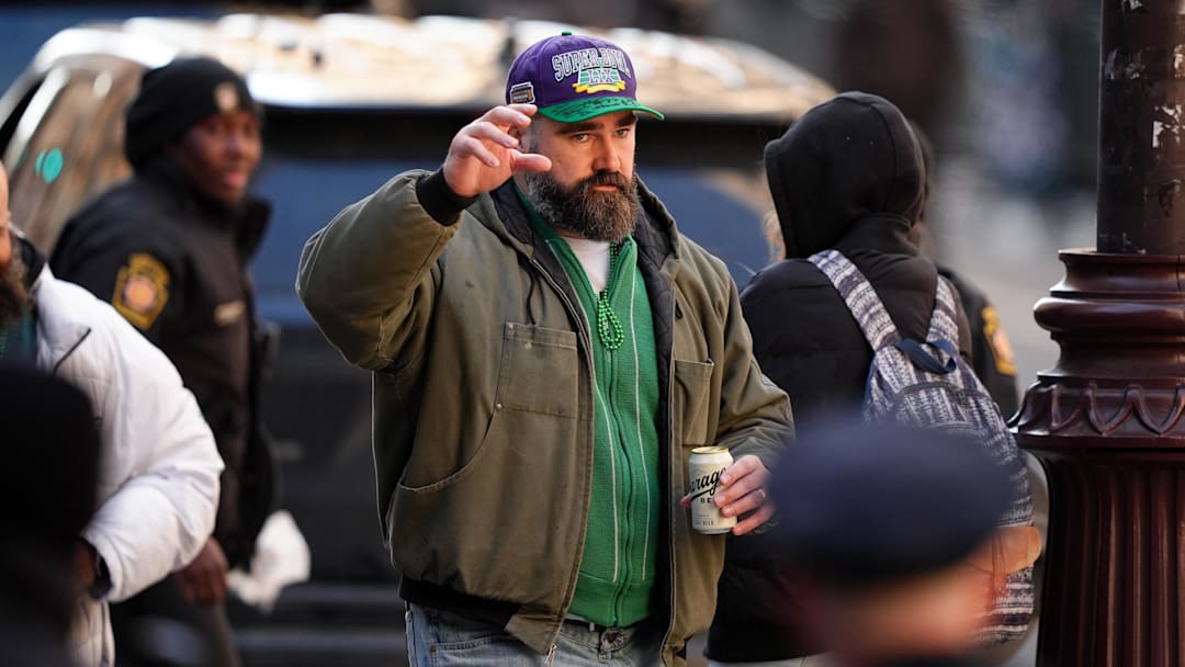 Feb 14, 2025; Philadelphia, PA, USA; Jason Kelce waves to fans during the Super Bowl LIX championship parade and rally. Mandatory Credit: Kyle Ross-Imagn Images