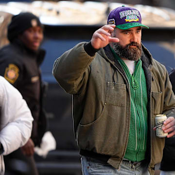 Feb 14, 2025; Philadelphia, PA, USA; Jason Kelce waves to fans during the Super Bowl LIX championship parade and rally. Mandatory Credit: Kyle Ross-Imagn Images