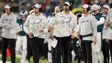 Nov 10, 2024; Arlington, Texas, USA; Philadelphia Eagles offensive coordinator Kellen Moore and head coach Nick Sirianni watch a play in the game against the Dallas Cowboys at AT&T Stadium. Mandatory Credit: Tim Heitman-Imagn Images